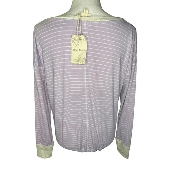 Hem & Thread Women’s Small Purple & Gray Striped Gathered Tie Bottom Top - Picture 2 of 3